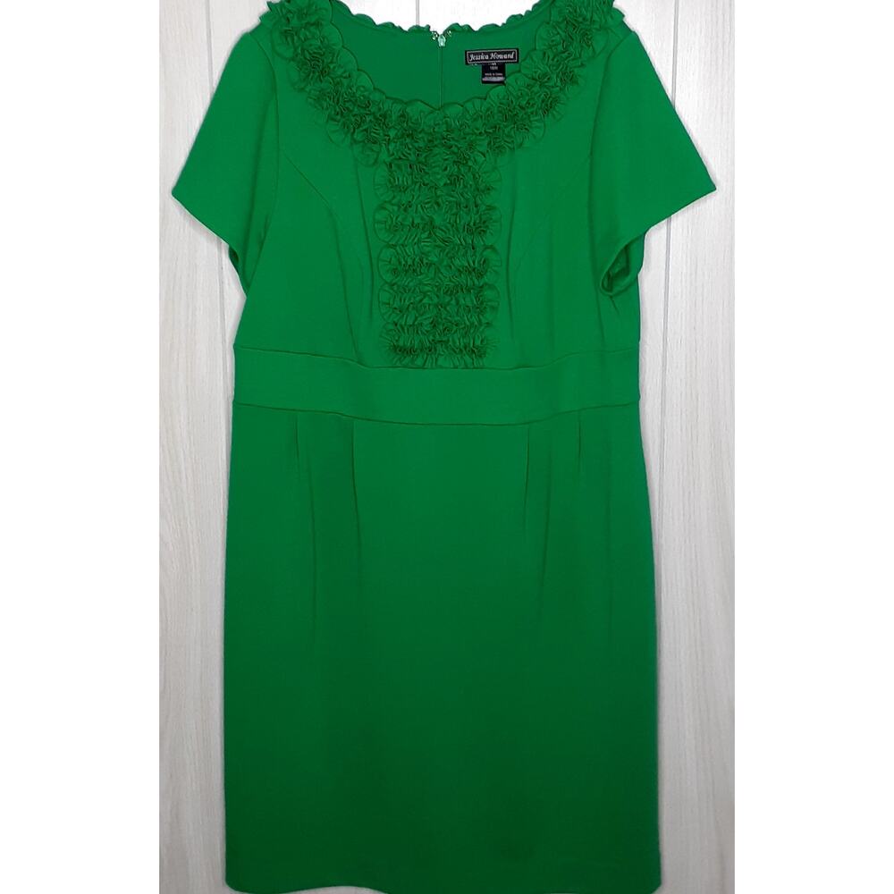 Jessica Howard Kelly Green Dress Size 16W Ruffle Frill Collar Short Sleeve